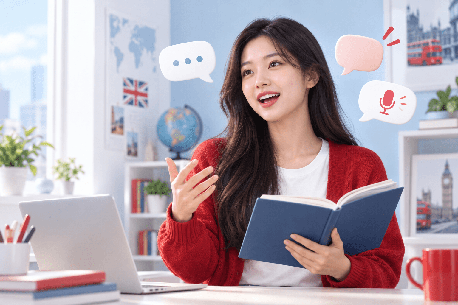 Học viên luyện nói tiếng Anh giao tiếp với sách tại Crown English