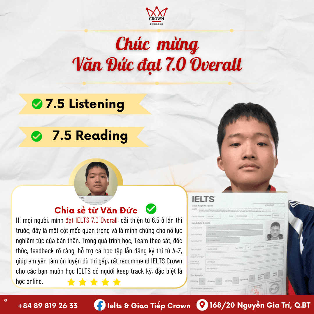 Bảng điểm IELTS 7.0 của Văn Đức