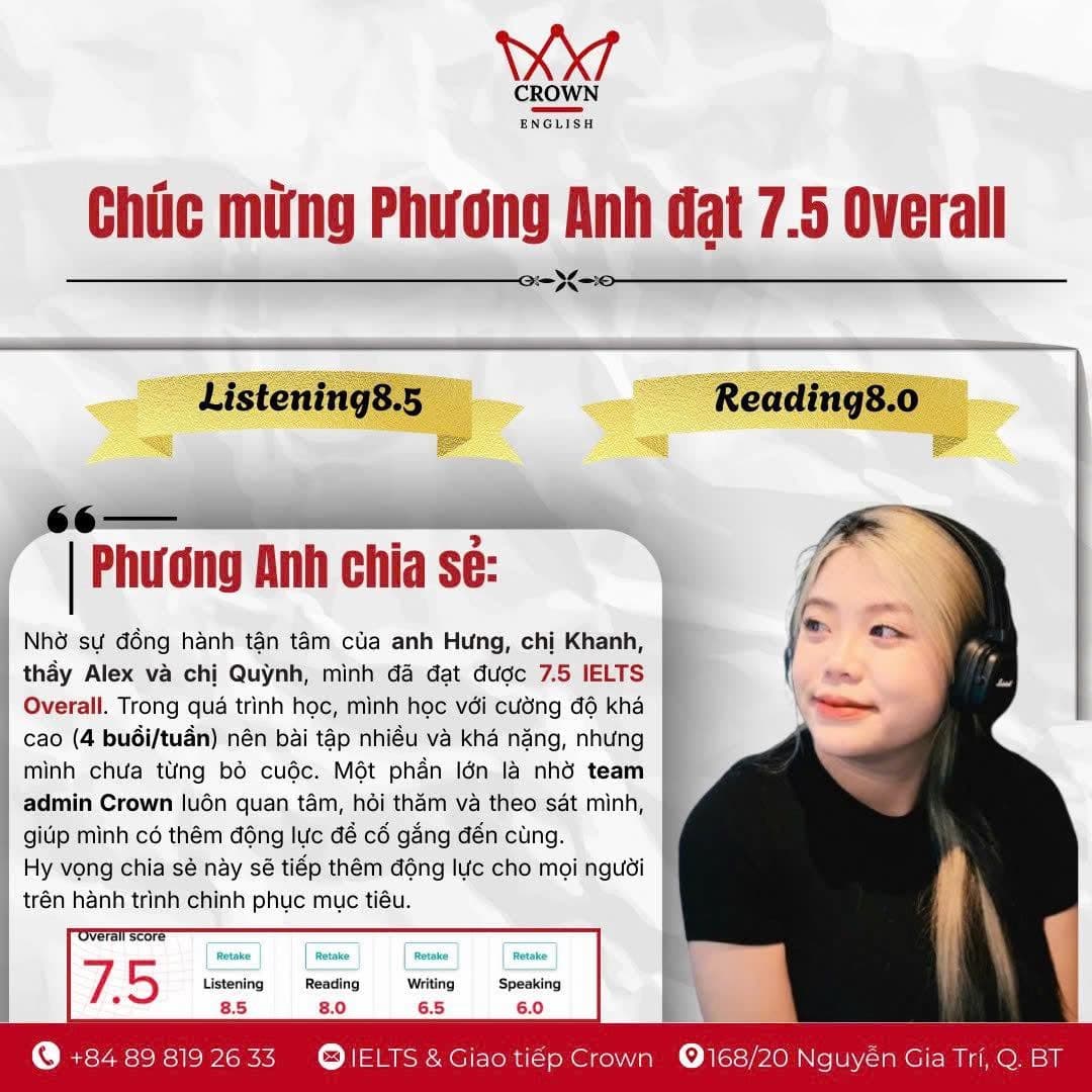 Bảng điểm IELTS 7.5 của Phương Anh