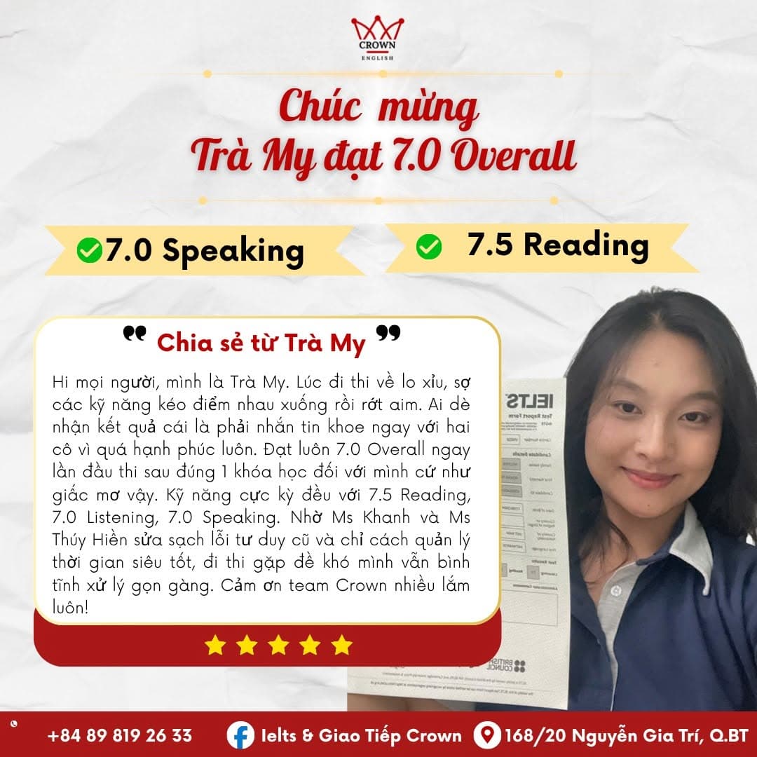 Bảng điểm IELTS 7.0 của Trà My