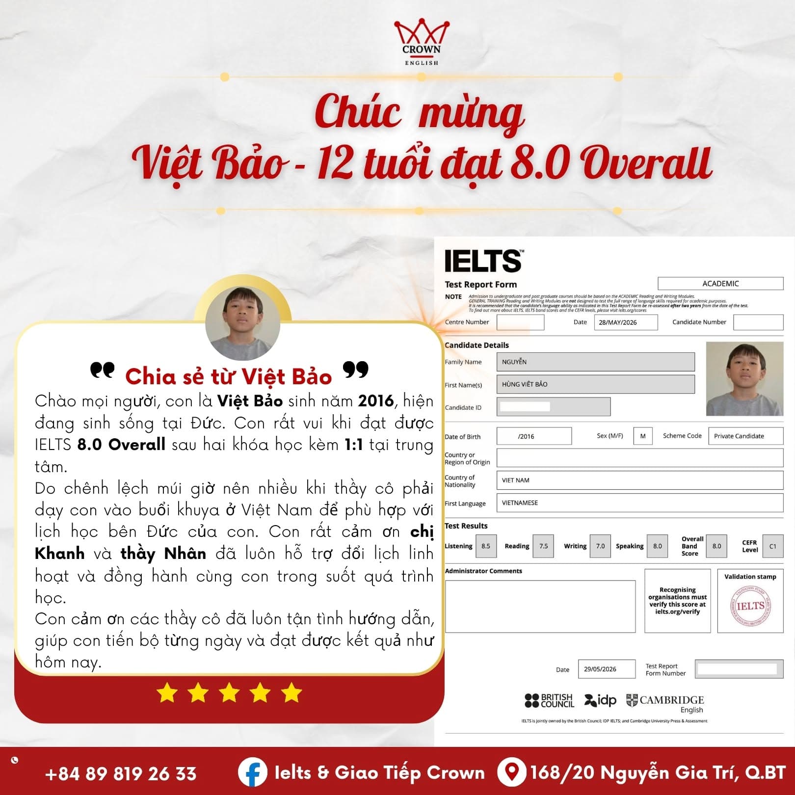 Kết quả IELTS của Việt Bảo